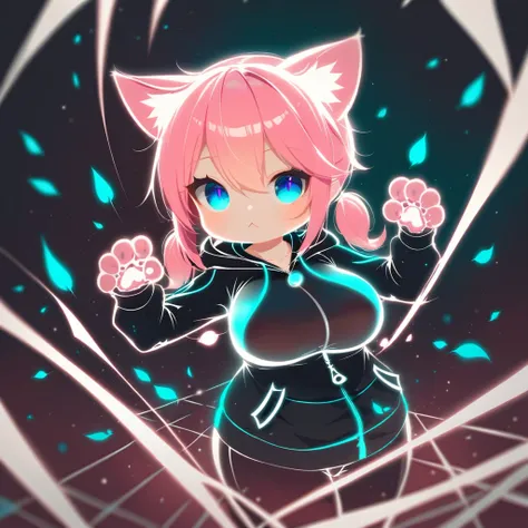 glowing, lineart, chibi, 
score_9,score_8_up,score_7_up,1girl, animal ears, blue eyes, solo, , , hood, looking at viewer, breasts, pink hair, twintails , animal ear fluff, , jacket, paw pose, gradient background, hair between eyes, gradient, hood up, bangs...