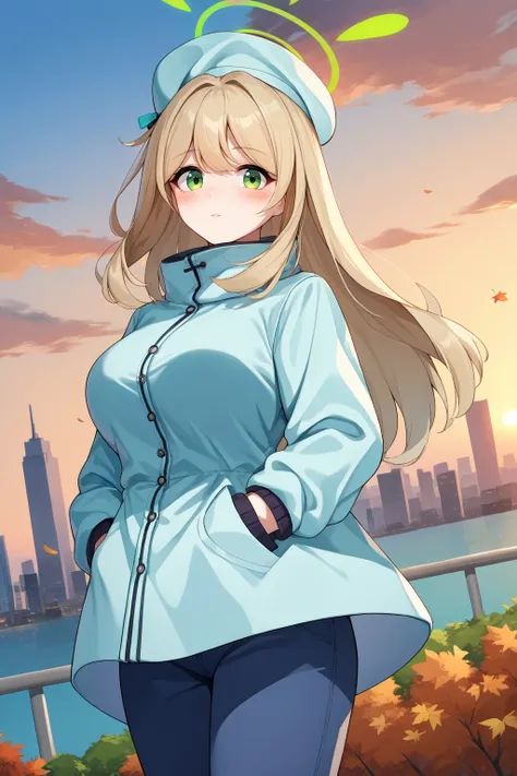 score_9, score_7_up, source_anime, dutch angle, looking at viewer, blush, nnmba, green halo, large breasts, long hair, beret, winter clothes, coat, pants, hands in pocket, outdoors, sunset, autumn, wind, cityscape, <lora:Hoseki_BlueArchive_NonomiIzayoi_PDX...