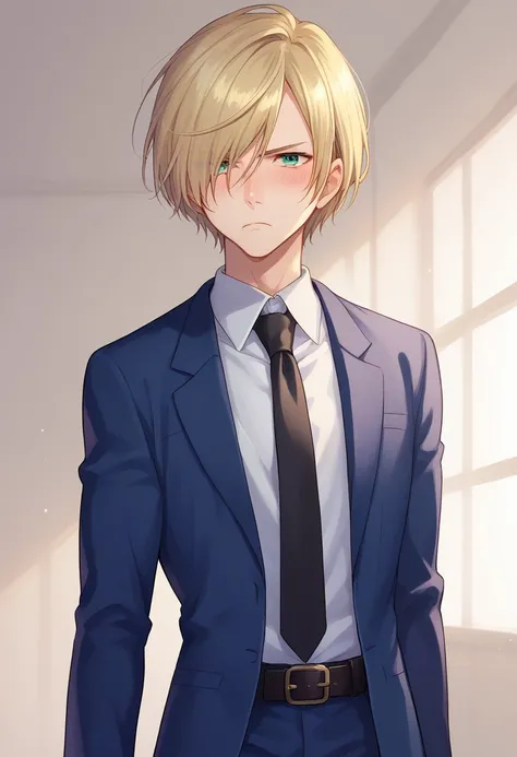 score_8_up, score_7_up, source_anime, highly detailed, 
yurio, 1boy, male focus, blonde hair, green eyes, hair over one eye, solo, formal, suit, blue suit, shirt, necktie, belt, frown, blush,
indoor,