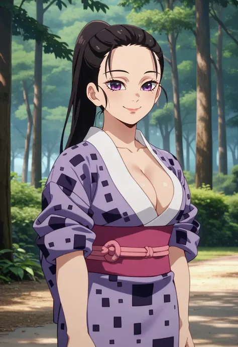 score_9,
<lora:KimetsuNoYaiba_HinatsuruXL:0.8>, HinatsuruKnY,
1girl, solo, closed mouth, light smile,
black hair, high ponytail, purple eyes, lips,
HinatsuruKimono, print kimono, purple kimono, sleeves rolled up, cleavage, pink sash,
standing, looking at v...