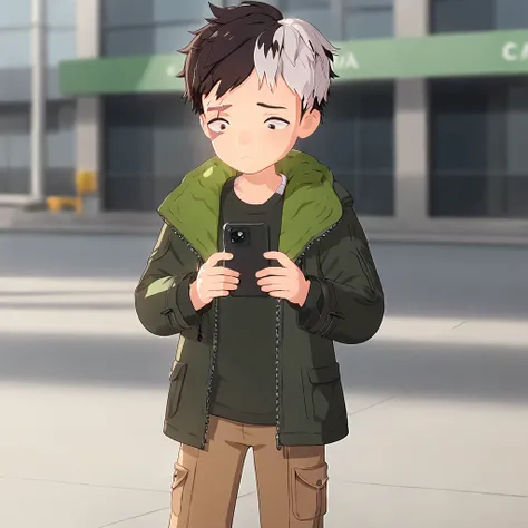 1boy,black hair,brown pants,green jacket,multicolored hair,scar,solo,white hair,<lora:KentoV2:0.65>,city background,sad,holding a phone,male child,five finger,