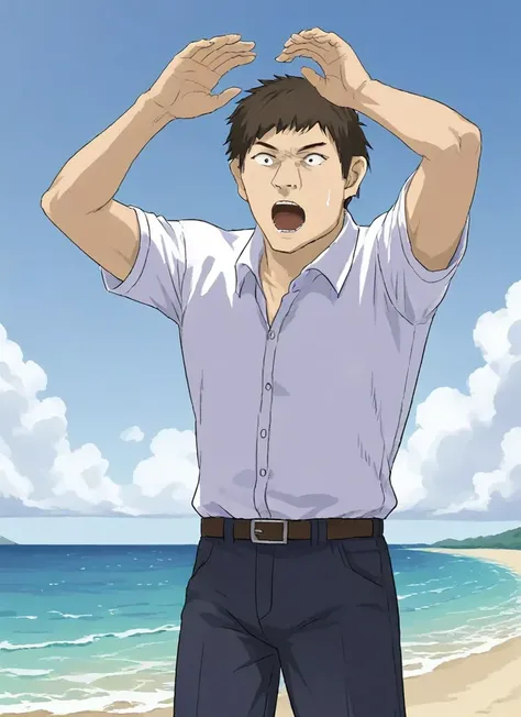 score_9, score_8_up, score_7_up, BREAK source_anime, (rating_safe:1.0), best quality, masterpiece,
 <lora:minoruXL:1> minoruXL 1boy,  dress shirt, solo, 
surprised, arms up, ocean, beach, open mouth,
cowboy shot,
<lora:Hyper-SDXL-8steps-lora:1>