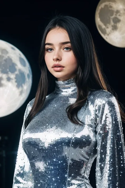 photo of S0ph13Mudd_HM-137, a woman, perfect hair, (modern photo), wearing high-neck evening gown with long sleeves, 70mm short telephoto (analog, cinematic, film grain:1.3), Lunar Colony, Self-sustaining moon colony with domed structures, lunar rovers, sp...