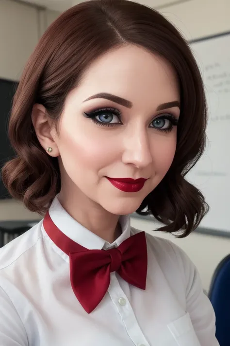 ridd1e-202, ((detailed skin, detailed face):1.2), ((detailed eyes, beautiful eyes):1.2), ((red lipstick, eyeliner, eye shadow, blush)),  ,photo of a woman, RAW, close portrait photo, ((bow tie, shirt)),((short hair)), ((classroom, sitting)), slim body, 8k ...