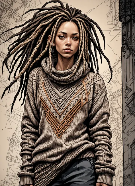 Close-up ink drawing, (Angular Restricted Waist:1.3), Balanced triangle pose, Unique coloring, (Intricate dreadlocks:1.2), Chunky knit sweater style, Bold expression, (Captivating gaze:1.2), Side lighting accents, Rich contrasts, Detailed knit textures, Ee...