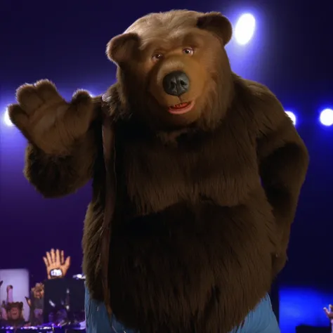 big bear, big belly, waving hand to viewer, standing tall, brown fur, bara, tall brown bear, in a concert hall