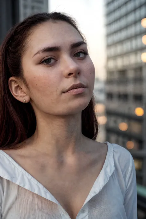 solo,  (close-up:1.3) upper body photo of HelgaL, a woman wearing white unbuttoned formal longsleeve shirt and black fabric skirt, deep neckline, elegant single hairbun, frown,  barefoot, golden earrings, modern apartment, outside the window night city bac...