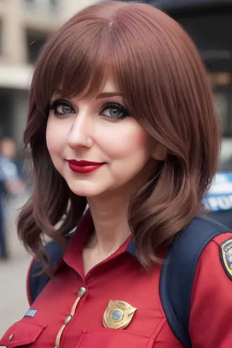 ridd1e-202, ((detailed skin, detailed face):1.2), ((detailed eyes, beautiful eyes):1.2), ((red lipstick, eyeliner, eye shadow, blush)),  ,, photo of a woman, , ((police uniform, police badge, police car)), city street, attractive, looking at viewer, ((shor...