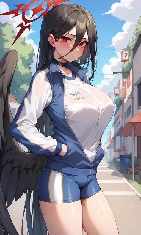 score_9, score_8_up, score_7_up, score_6_up, score_5_up, score_4_up, BREAK source_anime, 1girl, solo, outdoors, street, cowboy shot, standing, looking at viewer, hasumi, red eyes, black hair, very long hair, hair between eyes, choker, halo, track jacket, b...