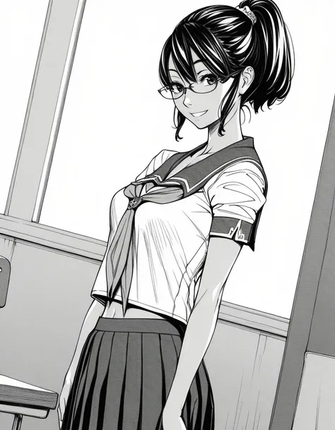 score_9, score_8_up, score_7_up, source_anime, <lora:mika-hayashi-manga-ponyxl-lora-nochekaiser:1>, mika hayashi, glasses, black hair, short hair, ponytail, monochrome, greyscale,, skirt, school uniform, pleated skirt, serafuku, neckerchief,, indoors, smil...