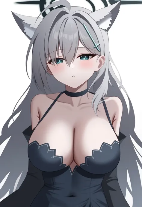 <lora:shiroko_terror_(blue_archive):1>,white_background, simple_background, bad_pixiv_id, bad_id, solo, collarbone, black_choker, black_dress, long_sleeves, 1girl, parted_lips, animal_ear_fluff, large_breasts, upper_body, shiroko_(blue_archive), highres, s...