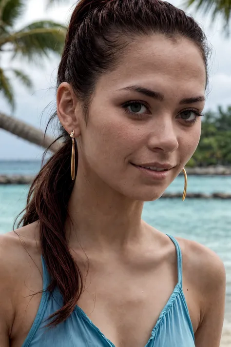 solo,  (close-up:1.3) upper body photo of HelgaL, a woman wearing beach lingerie, tanned skin, (smile:0.1),  elegant single ponytail, barefoot, golden earrings, (drops of water on skin:0.1), wet hair and clothes, blurry tropical beach background, bokeh, pe...