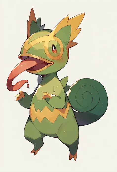 score_9, score_8_up, score_7_up, score_6_up, source_furry, solo, dof,  full-length portrait, white background,  <lora:POKEMON_KECLEON:1> kecleon, pokemon (creature), green body, long tongue