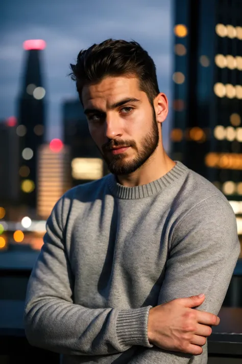 closeup photo of a man wearing fitted sweater, facial hair, blurred city skyline, urban rooftop, twilight, natural light, city lights, subtle backdrop, intense and introspective mood, skin texture, modern (rugged:0.4) aesthetic, thoughtful expression, crop...