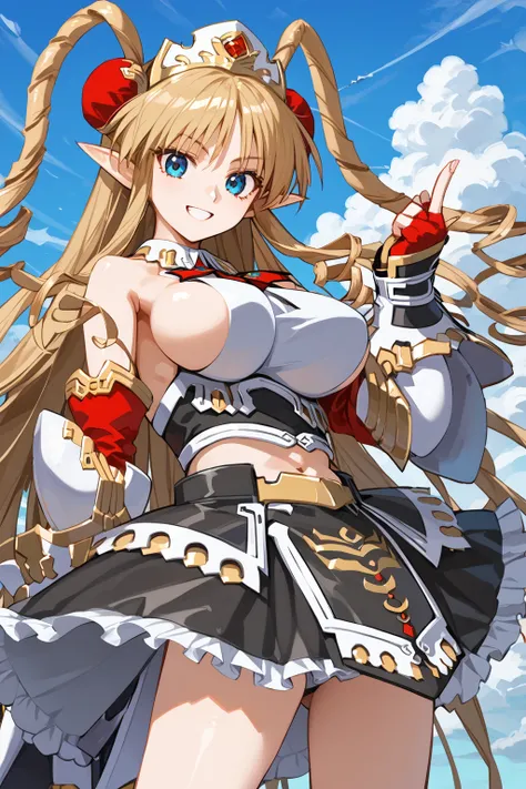 score_9, score_8_up, score_7_up, , score_ANIME,neige hausen, neigehausen, 1girl, solo, red bun cover, smile, large breasts, sideboob, blonde hair,  looking at viewer, , ribbon, drill locks,midriff, black skirt, , very long hair, twin drills, cowboy shot, f...