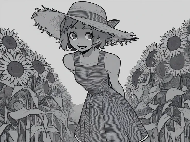 <lora:bone_nigi-PonyXL-1024px-1.10:1>
score_5_up,  score_6_up,  
1girl, solo, standing, leaning forward, arms behind back, looking at viewer, wearing (dress,hat, straw_hat), short hair, happy, outdoors, sunny, sunflower field