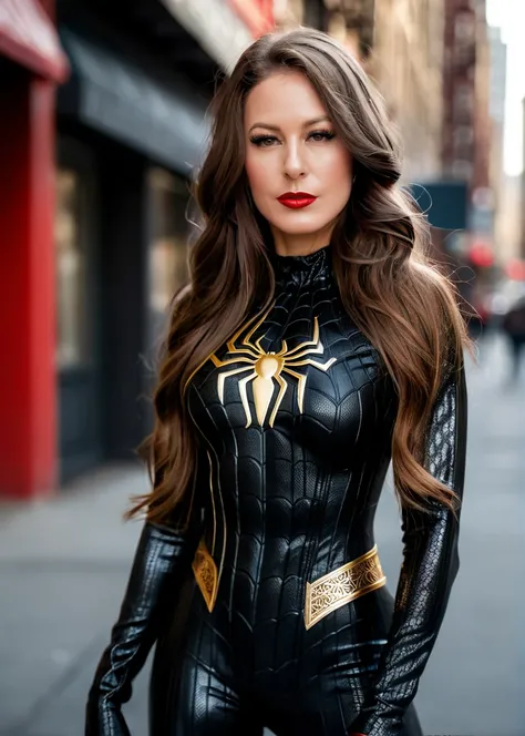 a captivating masterpiece of an woman, long hair, (((dressed in a black spiderman suit))), ((full body shot)), face, The intricate lace and gold details exude a very rebellious aura. ((The use of high-shine gloss adds a touch of glamour to the look)), ((wh...