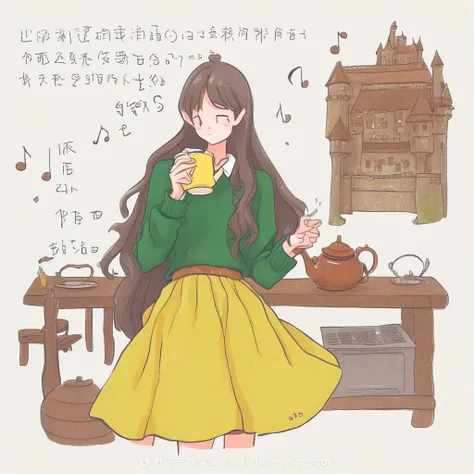 castle, bento, yellow skirt, collar, long hair, brown skirt, drinking straw, teapot, cutting board, musical note, green sweater