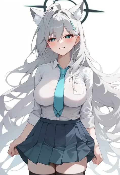 score_9,score_8_up,score_7_up,score_6_up,<lora:shiroko_terror_(blue_archive):1>,white_background, simple_background, pleated_skirt, solo, aqua_necktie, looking_at_viewer, 1girl, animal_ear_fluff, large_breasts, black_skirt, light_smile, school_uniform, hig...