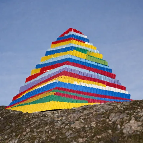 plastkort, a mountain made from colored plastic cards, <lora:Plastkort-000005:1>