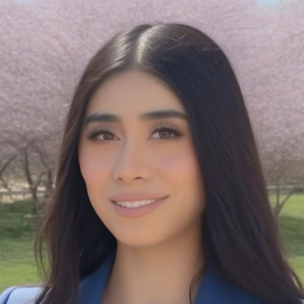 @waifuviolet, Violet Myers (Person), 1 young woman, smile,black hair, closed mouth, brown eyes, waist up, portrait shot, blue business suit, long hair, background: outdoors, cherry blossom tree garden