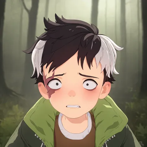 dark forest background,rating_explicit,1boy,closer view,looking around,1boy,black eyes,black hair,brown pants,green jacket,male child,multicolored hair,scar,solo,white hair,<lora:kentoV1:0.8>,scared,