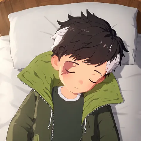 forest background,rating_explicit,1boy,closer view,looking at viewer,1boy,black eyes,black hair,brown pants,green jacket,male child,multicolored hair,scar,solo,white hair,<lora:kentoV1:0.8>,on bed,sleeping,