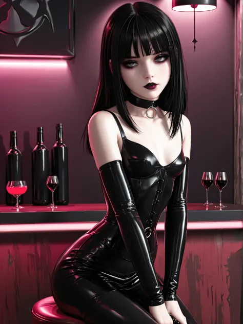 a pale skinned young emo gothic girl with long black hair, sits in a dark bar, leaning forward on a bar chair, seductiv look, perfect body, perfect beauty, small waist, black gothic clothes, neon lighting, dark atmosphere