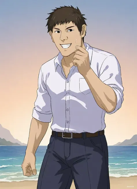 score_9, score_8_up, score_7_up, BREAK source_anime, (rating_safe:1.0), best quality, masterpiece,
 <lora:minoruXL:1> minoruXL 1boy,  dress shirt, solo, 
smile, fighting pose, ocean, beach,
cowboy shot,
<lora:Hyper-SDXL-8steps-lora:1>