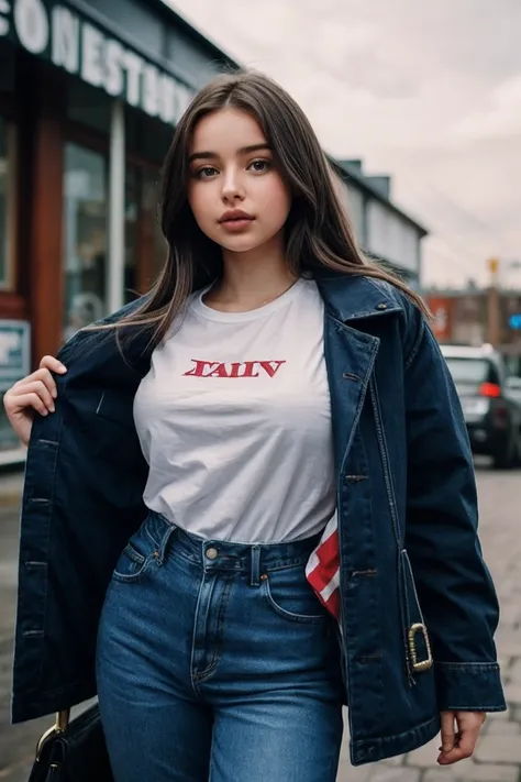 photo of S0ph13Mudd_HM-137, a woman, perfect hair, (modern photo), wearing puffy jacket, t-shirt, jeans, 150mm medium telephoto (analog, cinematic, film grain:1.3), Steampunk Workshop, Victorian workshop with gears, steam machinery, brass fittings, and ecc...