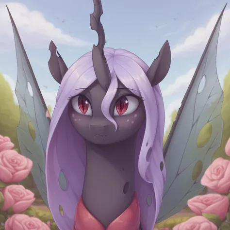 masterpiece, score_9, score_8_up, score_7_up, (best quality:1.1), ultra-detailed, high resolution, 1character, solo, Queen Gytha, changeling, feral, (((beautiful detailed red eyes))), holey hoofs, ragged ears, crooked horn, black skin, pink freckles, very ...