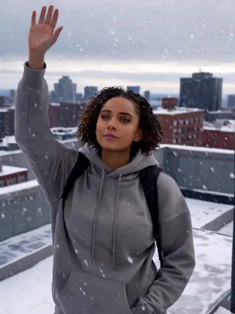 Aleyse Shannon as Breanna Casey in a grey hoodie waving from a snowy rooftop <lora:zaleshan:1> zaleshan, realistic, photorealistic