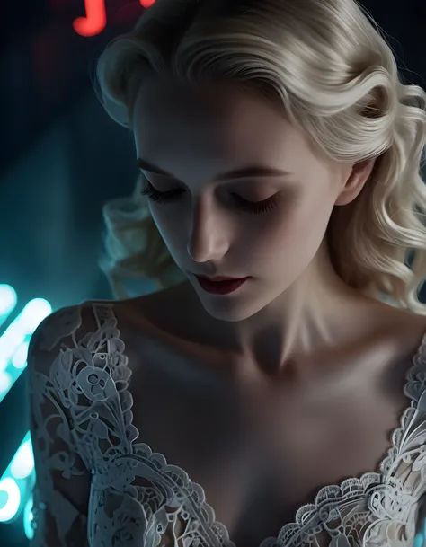 In a surreal, neo-noir setting reminiscent of the 1940s film noir genre, the camera is angled low from above, capturing a close-up image of a captivating woman named I50B3LH. Her long, wavy platinum blonde hair cascades down her back like liquid silver, fr...