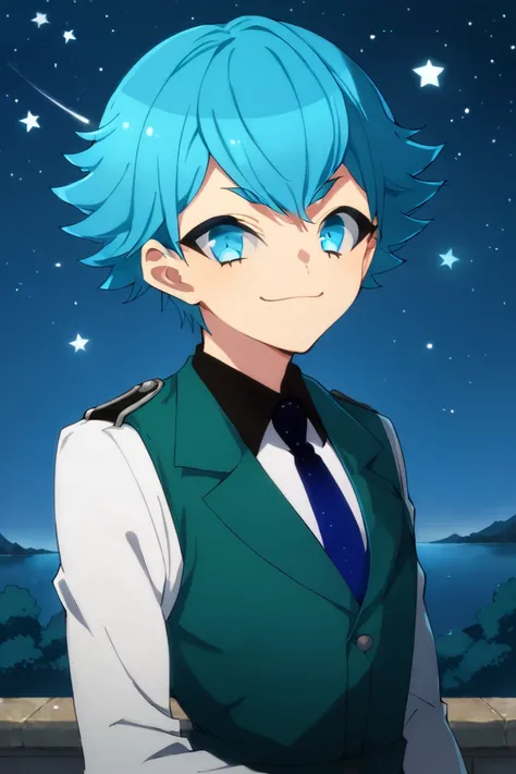 score_9,score_8_up,score_7_up,source_anime,1boy,solo,Soutouin Manabu,blue hair,blue eyes,short hair, green vest,white shirt,blue necktie, smile, posing, outdoors, night, star, sky<lora:EMS-437210-EMS:1.000000>