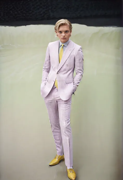 <ckpt:ZavyChroma.safetensors>, <ckpt:Fluently.safetensors>, <lora:TomGlynnCarney.safetensors:1.0>, Photograph of Tom Glynn-Carney, TGC, blonde hair, grey eyes, pastel suit, full body shot, Raw photo, Canon EOS R3