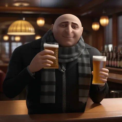 professional 3d model a full body portrait bald man, scarf, having a beer in a pub  <lora:Gru1024:0.8> . octane render, highly detailed, volumetric, dramatic lighting