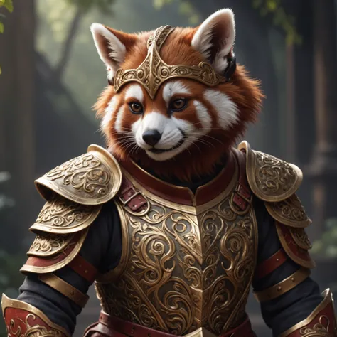 Fluted armour,armet helmet,(red Panda knight),(Blindmask), beautifully and luxuriously decorated armour, gold ornamentation is unadorned, exudes strength and nobility. Intricately wrought, shining armor, unwavering determination, and a strong, noble bearin...