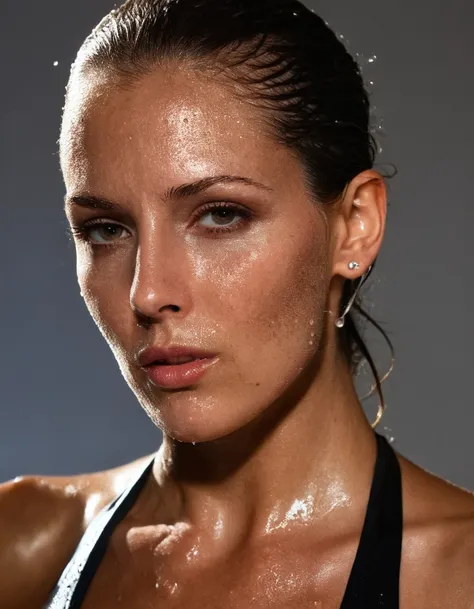 High resolution photograph of a woman with slicked-back hair, fasion model at a fasion show, glamour photgraphy, artificial lighting, fit, drenched in sweat, oiled skin, sweat beads, her skin glistens with sweat, sweat droplets on her face, looking at view...
