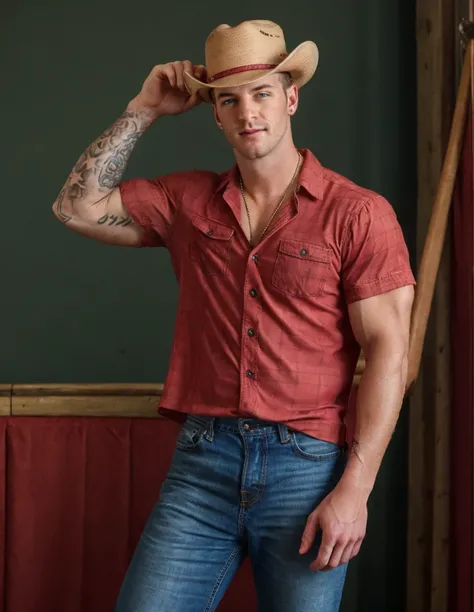 cowboy, rodeo, red plaid button up shirt, cowboy hat, muscular, jewelry, tattoo, blue jeans, hazel eyes, QuentinGainz,  <lora:QuentinGainz-CivitAi:0.7>