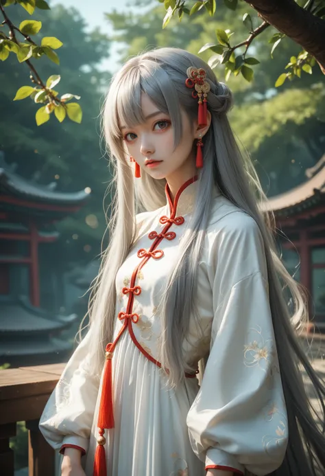 1girl,gray hair,air bangs,very long hair,thick hair,fluffy hair,chinese clothing,very long dresses,hair accessories,hairpins,loo...