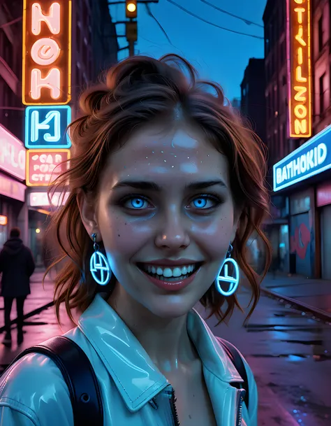 In a gritty, dystopian cityscape at twilight, a solitary woman with striking brown hair and freckles, clad in an avant-garde outfit that incorporates neon-blue hues reminiscent of the digital realm, adorned with intricate, glowing h4z3l6 symbol earrings, f...