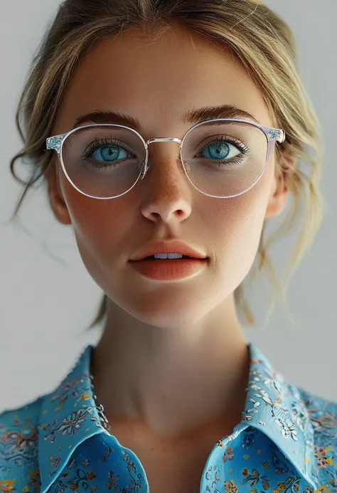 half-body shot, girl in glasses, blue eyes, focus, intricate, elegant, highly detailed, fine detail, colorful, cinematic, bright colors, sunny, vibrant, background, beautiful, professional, unique, winning, attractive, gorgeous, creative, positive, cute, f...