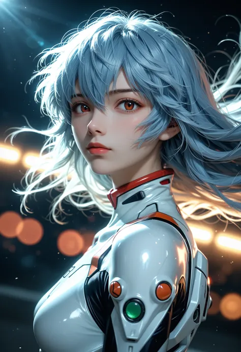 1girl,ayanami rei,neon genesis evangelion,rebuild of evangelion,plugsuit,pilot suit,white bodysuit,looking at viewer,head tilted,light blue long hair,hair blowing in the wind,(intricate details),(dynamic angle),fluffy hair,air bangs,, cinematic film still,...