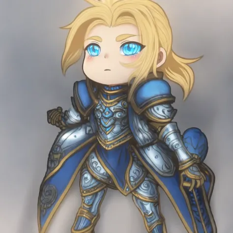 wowchibi, Create a chibi-style character of a blonde knight with blue eyes. The knight wears silver and blue armor with intricate gold details. The armor includes a sturdy breastplate with gold embellishments on the edges, rounded pauldrons with blue and g...