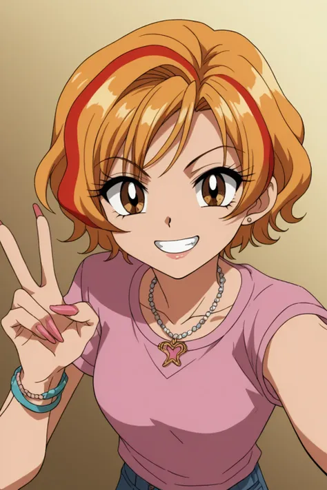 sgstyle, score_9, score_8_up, score_7_up, 1girl, short hair, wavy hair, brown hair, multicolored hair, streaked hair, red hair, brown eyes, smile, teeth, hand up, taking selfie, from above, v, long fingernails, nail polish, necklace, gyaru, fashion, gradie...