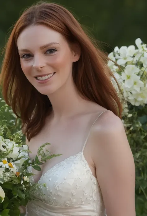 Jamie,auburn hair,8k, golden hour,masterpiece, detailed face, beautiful, provocative,
 8k, golden hour,a smiling 24 year old girl with long straight dark auburn hair,skinny,medium breasts, complex composition, volumetric lighting, smiling holding a bouquet...