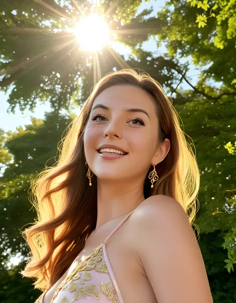 In a vibrant and sun-kissed outdoor setting, AR4Y4A, a woman of ethereal beauty, stands gracefully in the foreground, her enchanting smile captivating the viewer. Dressed in an intricate, shimmering gown adorned with delicate gold filigree and cascading em...