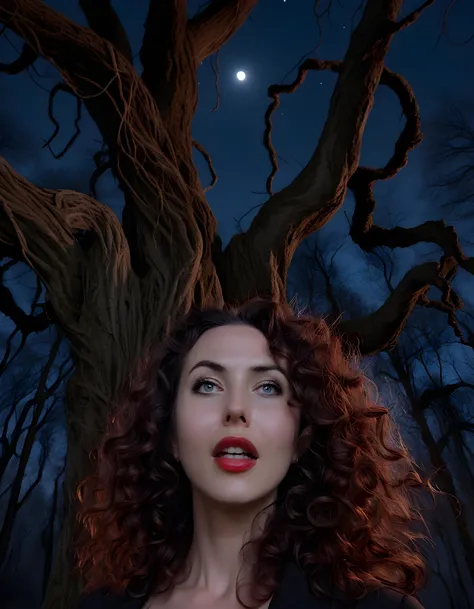 In a surrealist noir-inspired setting, the enigmatic AR4Y4A, a woman with a cascade of dark, curly locks framing her striking features, stands before an ancient, twisted willow tree in a moonlit forest. The camera is positioned at an angle from below, capt...