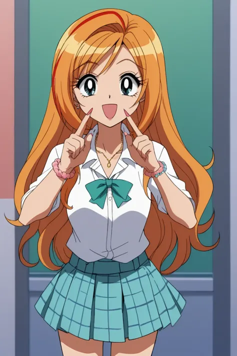 sgstyle, score_9, score_8_up, score_7_up, 1girl, inoue orihime, gyaru, kogal, makeup, y2k fashion, open mouth, smile