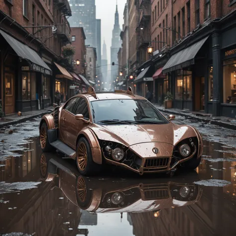 photo of a futuristic steampunk car, destroyed cyberpunk city, reflective puddles , natural light
